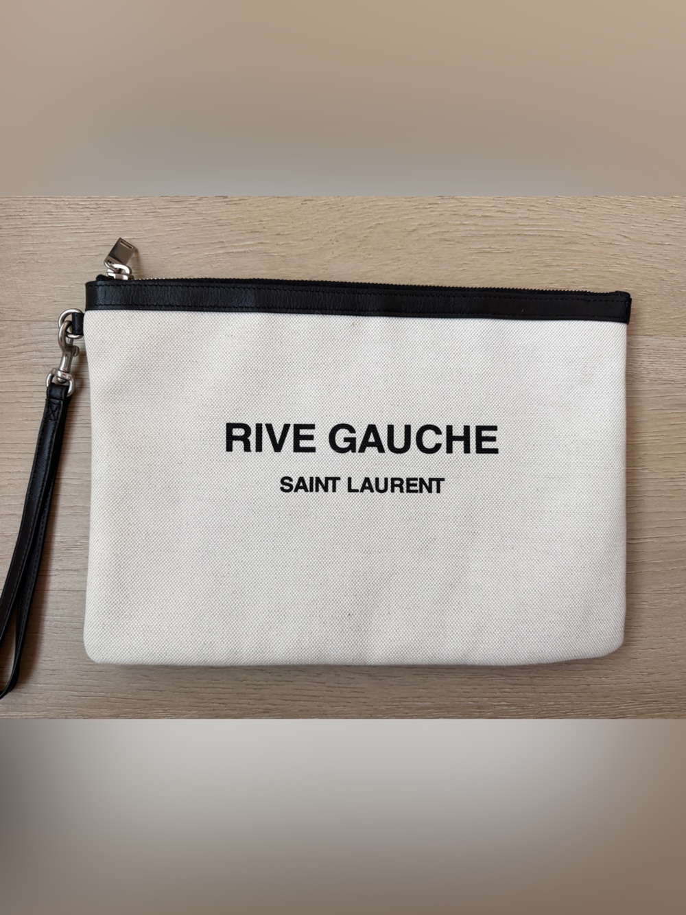 Saint Laurent Rive Gauche Cream & Black Canvas Wristlet Pouch Clutch